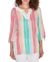 Ruby Rd. Woven Metallic Wavy Stripe Embroidered Split V-Neck 3/4 Sleeve Top