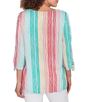 Ruby Rd. Woven Metallic Wavy Stripe Embroidered Split V-Neck 3/4 Sleeve Top