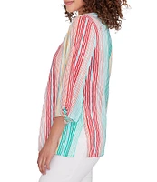 Ruby Rd. Woven Metallic Wavy Stripe Embroidered Split V-Neck 3/4 Sleeve Top