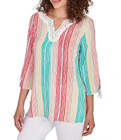 Ruby Rd. Woven Metallic Wavy Stripe Embroidered Split V-Neck 3/4 Sleeve Top