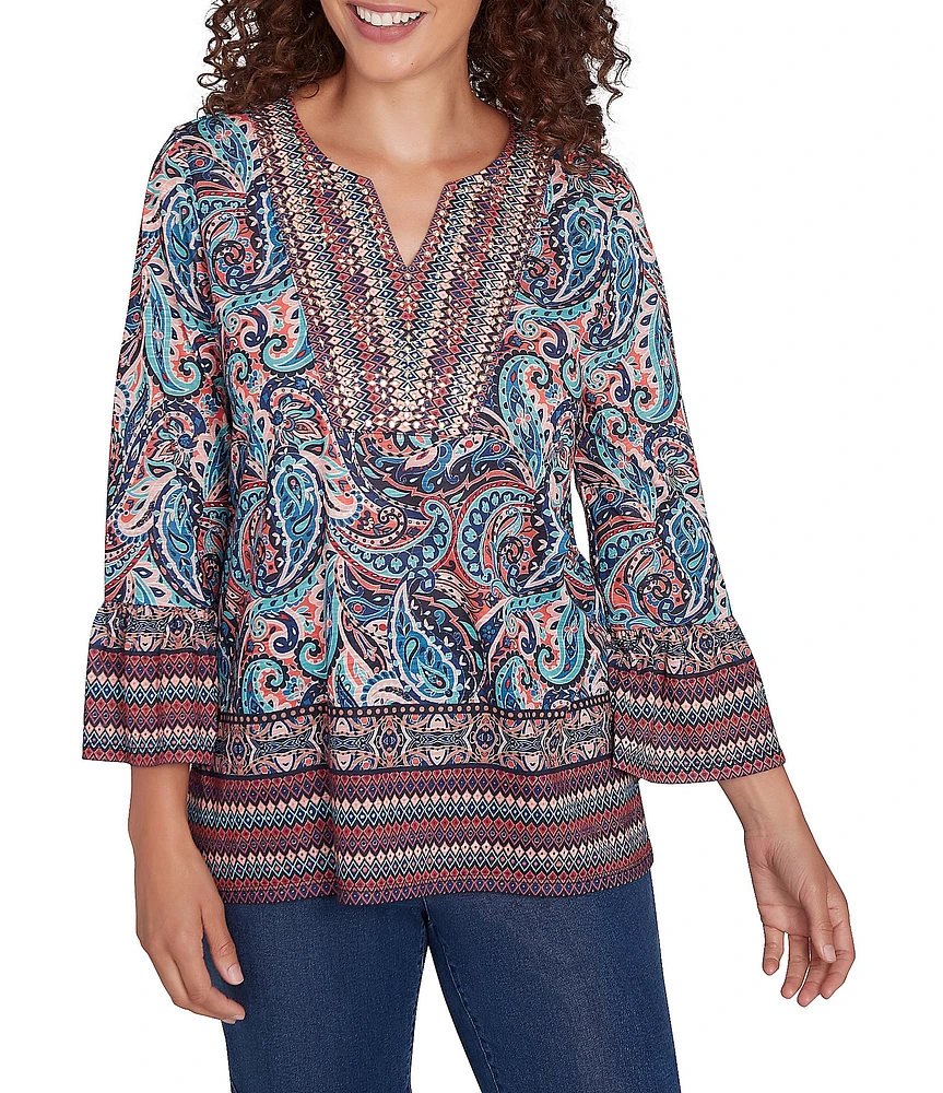 Ruby Rd. Knit Paisley Border Print Embellished Split V-Neck 3/4 Sleeve Bib Top