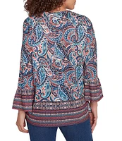 Ruby Rd. Knit Paisley Border Print Embellished Split V-Neck 3/4 Sleeve Bib Top