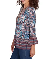 Ruby Rd. Knit Paisley Border Print Embellished Split V-Neck 3/4 Sleeve Bib Top