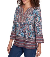 Ruby Rd. Knit Paisley Border Print Embellished Split V-Neck 3/4 Sleeve Bib Top