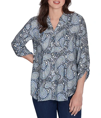 Ruby Rd. Woven Paisley Print Band Collar 3/4 Roll-Tab Sleeve Button-Front Top