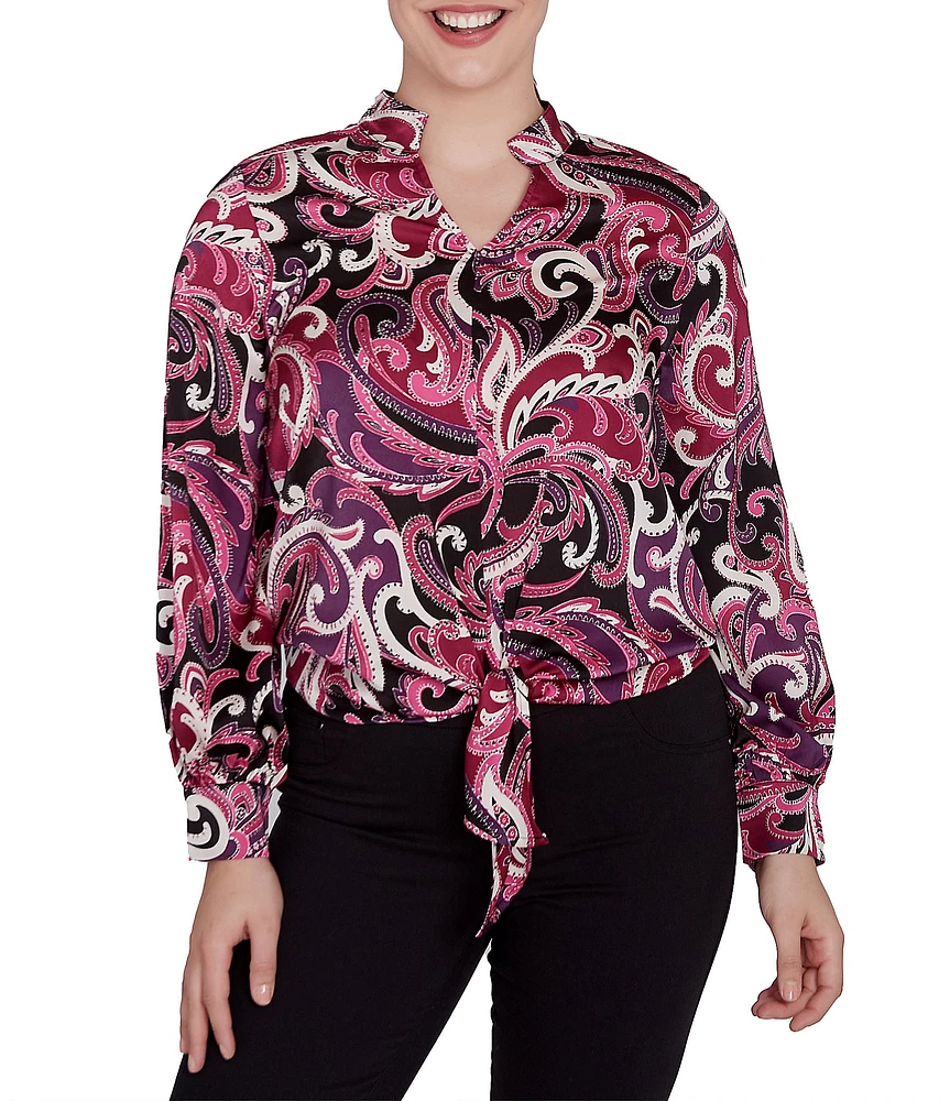 Ruby Rd. Woven Paisley Split V-Neck Long Sleeve Tie-Front Top