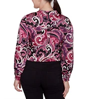 Ruby Rd. Woven Paisley Split V-Neck Long Sleeve Tie-Front Top