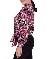 Ruby Rd. Woven Paisley Split V-Neck Long Sleeve Tie-Front Top