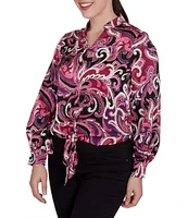 Ruby Rd. Woven Paisley Split V-Neck Long Sleeve Tie-Front Top