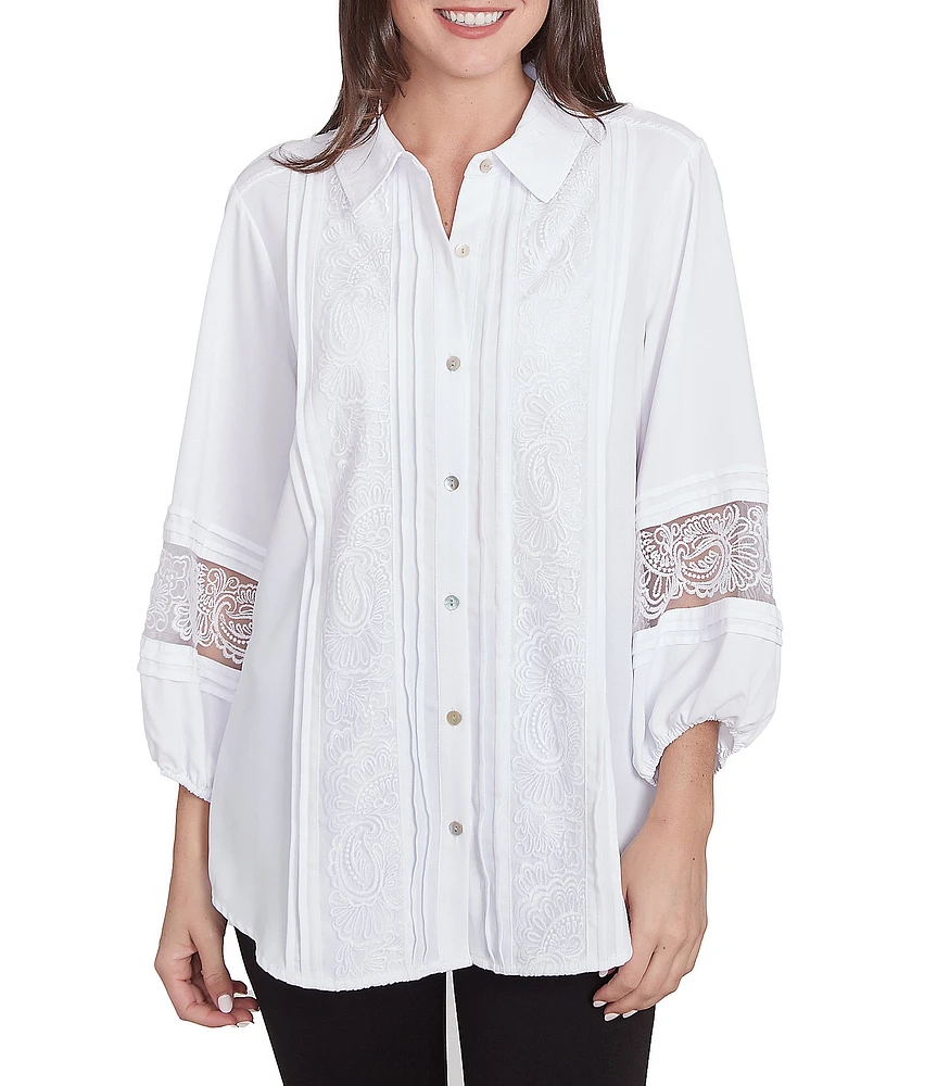 Ruby Rd. Woven Point Collar 3/4 Lace Inset Sleeve Button-Front Top