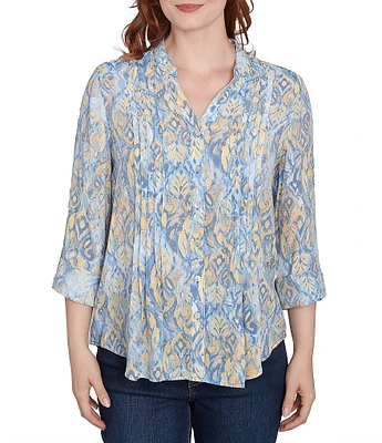 Ruby Rd. Woven Printed Band V-Neck 3/4 Roll-Tab Sleeve Pleated Top