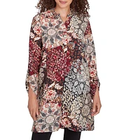 Ruby Rd. Woven Voile Floral Band Split Neck Long Roll-Tab Sleeve Tunic