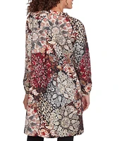 Ruby Rd. Woven Voile Floral Band Split Neck Long Roll-Tab Sleeve Tunic