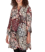 Ruby Rd. Woven Voile Floral Band Split Neck Long Roll-Tab Sleeve Tunic