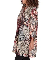 Ruby Rd. Woven Voile Floral Band Split Neck Long Roll-Tab Sleeve Tunic