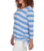 Ruby Rd. Yarn-Dyed Eyelash Stripe Scoop Neck 3/4 Sleeve Adjustable Side Ties Top
