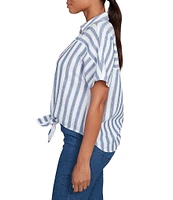 Ruby Rd. Yarn-Dyed Woven Stripe Collared V-Neck Short Sleeve Button Front Shirt