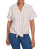Ruby Rd. Yarn-Dyed Woven Stripe Collared V-Neck Short Sleeve Button Front Shirt