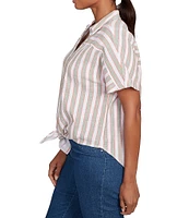 Ruby Rd. Yarn-Dyed Woven Stripe Collared V-Neck Short Sleeve Button Front Shirt