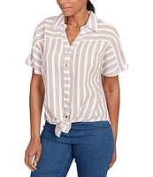 Ruby Rd. Yarn-Dyed Woven Stripe Collared V-Neck Short Sleeve Button Front Shirt