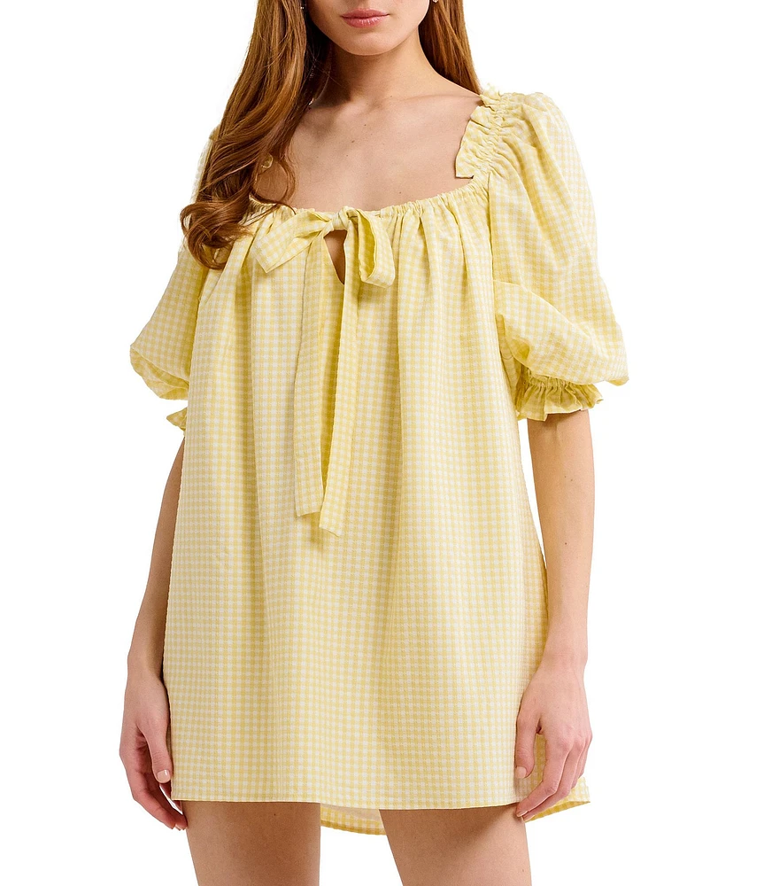 Rumored Darling Gingham Puffed Sleeve Babydoll Mini Dress