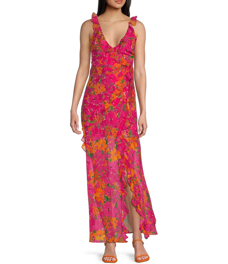 Rumored Just Like Heaven Wrap Ruffle Chiffon Maxi Dress