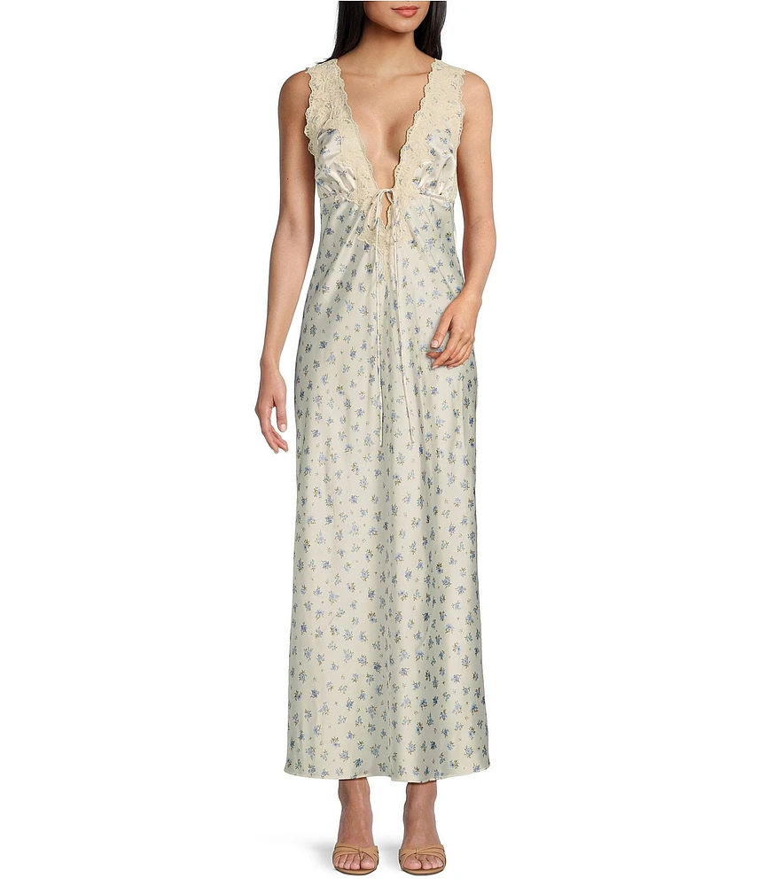 Rumored Satin Floral Print Plunging V-Neck Venice Maxi Dress