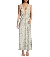 Rumored Satin Floral Print Plunging V-Neck Venice Maxi Dress