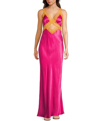 Rumored V-Neck Lace Trim Crossroads Maxi Dress