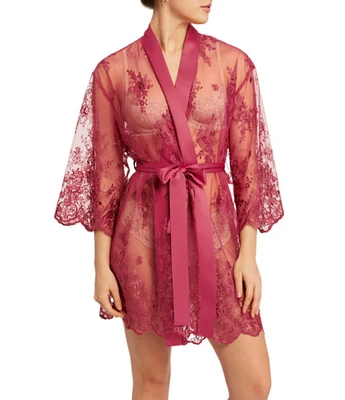 Rya Collection Allover Lace Banded Neck 3/4 Sleeve Short Wrap Robe