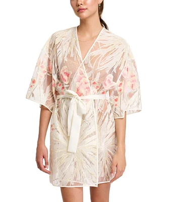 Rya Collection Tamara 3/4 Sleeve V-Neck Embroidered Netting Short Lingerie Robe