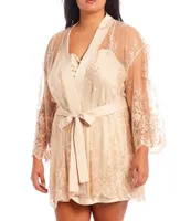 Rya Collection Plus Size Lace Short Wrap Banded Collar 3/4 Sleeve Robe