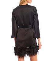 Rya Collection Swan Charmeuse Ostrich Feather Trim Hem 3/4 Sleeve Robe