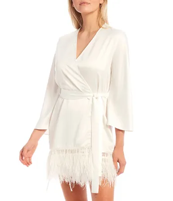 Rya Collection Swan Charmeuse Ostrich Feather Trim Hem 3/4 Sleeve Robe