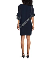 Ignite Evenings Boat Neck 3/4 Sleeve Cold Shoulder Foil Trim Asymmetrical Overlay Dress