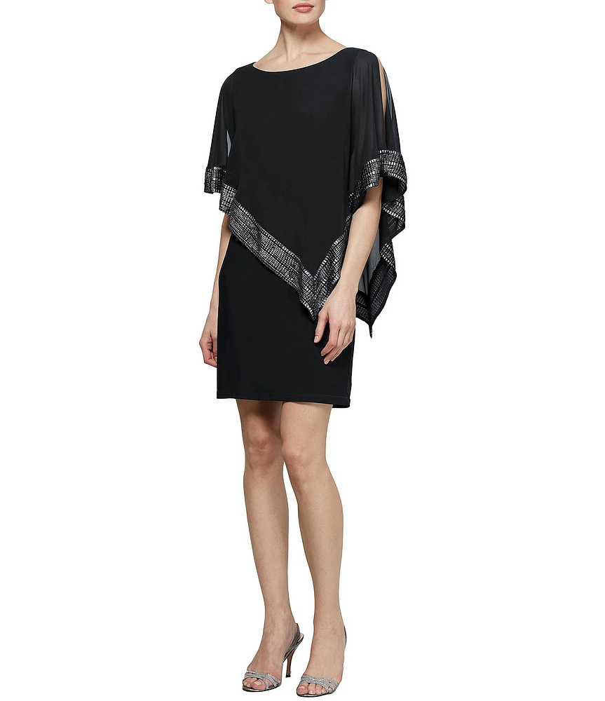 Ignite Evenings Boat Neck 3/4 Sleeve Cold Shoulder Foil Trim Asymmetrical Overlay Dress