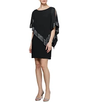 Ignite Evenings Boat Neck 3/4 Sleeve Cold Shoulder Foil Trim Asymmetrical Overlay Dress