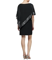 Ignite Evenings Boat Neck 3/4 Sleeve Cold Shoulder Foil Trim Asymmetrical Overlay Dress