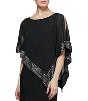 Ignite Evenings Boat Neck 3/4 Sleeve Cold Shoulder Foil Trim Asymmetrical Overlay Dress