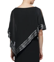 Ignite Evenings Boat Neck 3/4 Sleeve Cold Shoulder Foil Trim Asymmetrical Overlay Dress