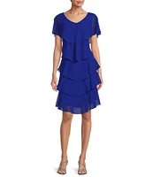 Ignite Evenings Jewel V-Neck Short Sleeve Georgette Tiered Capelet Shift Dress