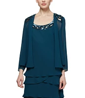 Ignite Evenings Sequin Detail Scoop Neck Long Sleeve Chiffon Tiered 2-Piece Jacket Dress