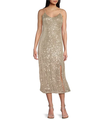 Sadie & Sage Celebration Front Slit Sequin Midi Dress