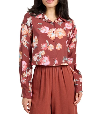 Sadie & Sage Floral Wine Button Front Cropped Shirt