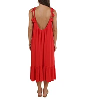 Sadie & Sage Linen Blend Scoop Neck & Back Flowy Tassel Detailed Midi Dress