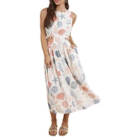 Sadie & Sage Linen Blend Seashell Print Side Cutout Shell Trim Dress