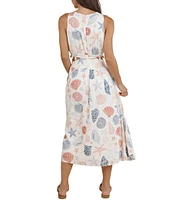 Sadie & Sage Linen Blend Seashell Print Side Cutout Shell Trim Dress