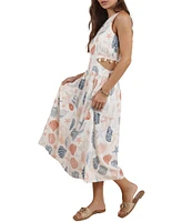 Sadie & Sage Linen Blend Seashell Print Side Cutout Shell Trim Dress