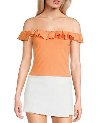 Sadie & Sage Off The Shoulder Ruffled Knit Crop Tank