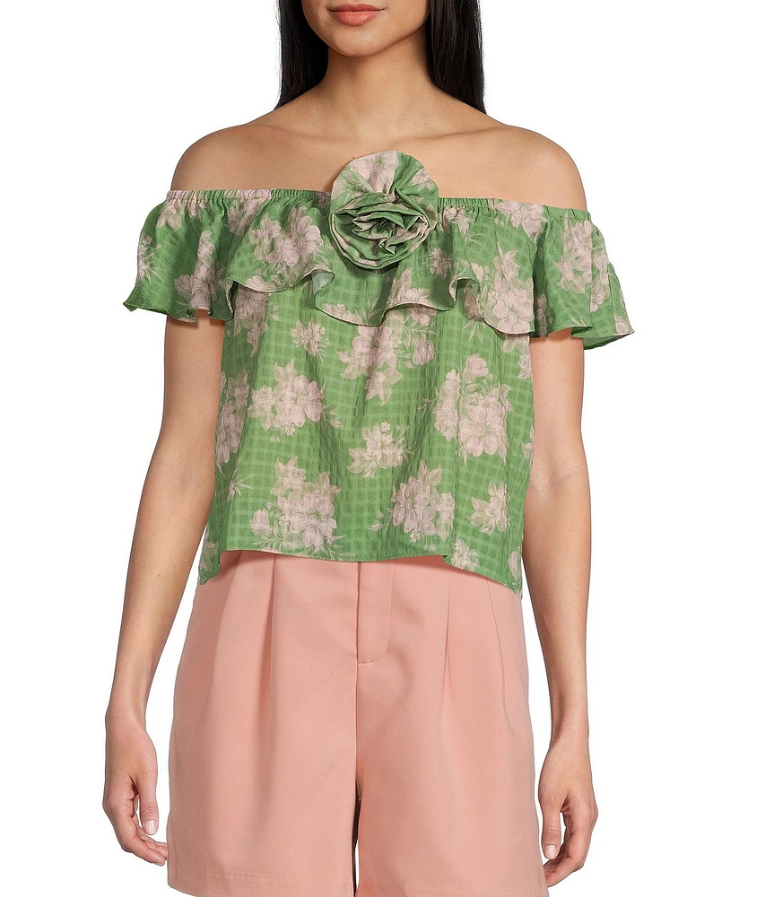 Sadie & Sage Rainy Days Floral Woven Textured Off-The-Shoulder Crop Top